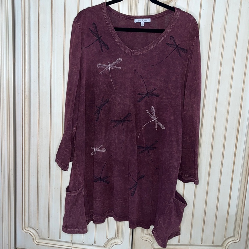Burgundy Dragonfly Boho Swing Shirt with Pockets (XL)
